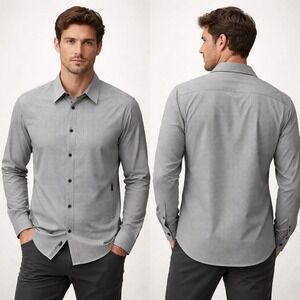 QOR Mens M Merino Wool Organic Cotton Snap Button Oxford Gray Stripped Zipper